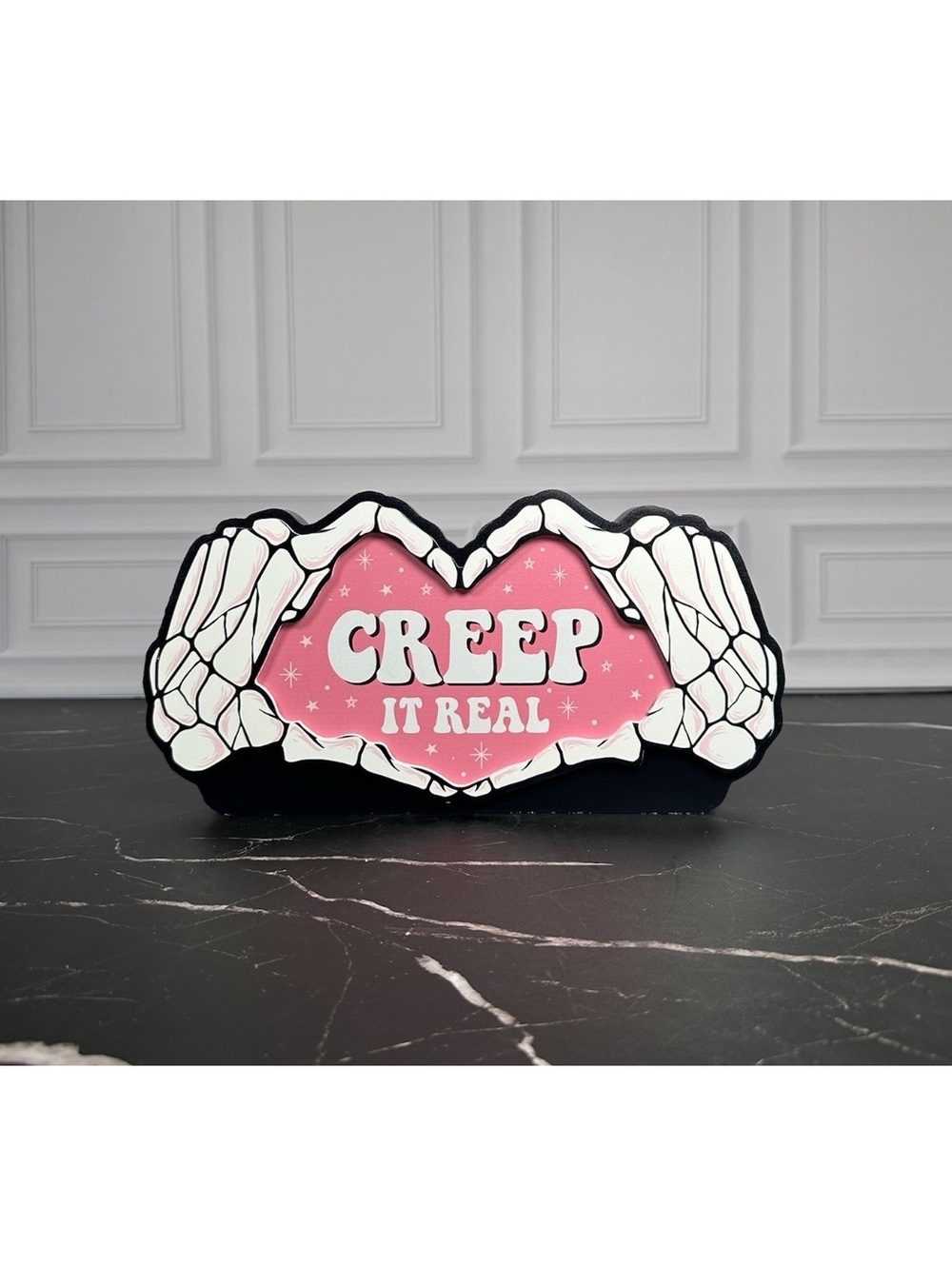 Retro Style "Creep It Real" Skeleton Hands Pink Heart Wall Sign